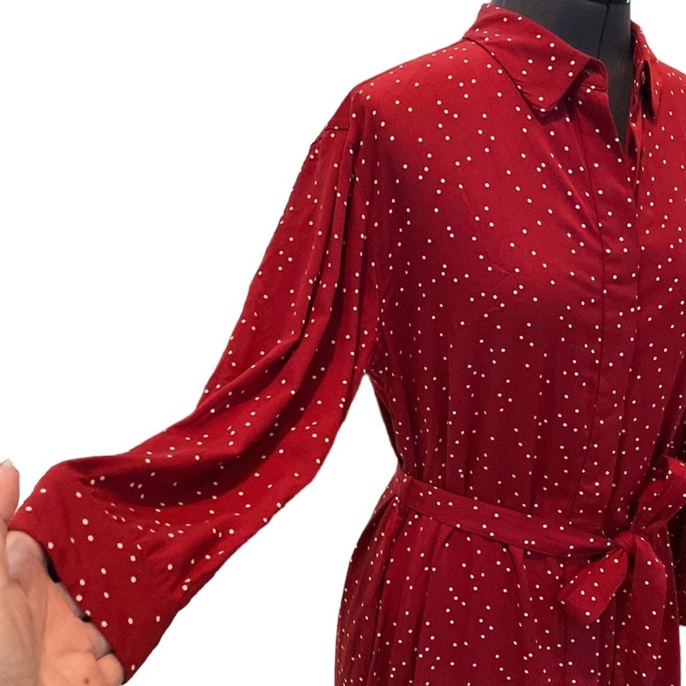 Uniqlo RED/White Polka Dots Long Sleeve Dress Buttons Down Belts attached Sz XS - Picture 11 of 16
